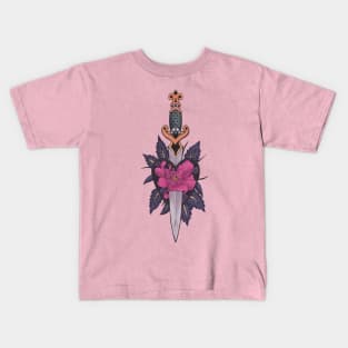 Gothic Sword and Floral Heart Tattoo - Pink Version Kids T-Shirt